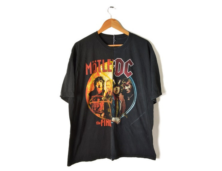 ACDC Motley Crue Mash up T Shirt XL XXL Upcycled Metal Rock Music Classic Concert Tour Tee