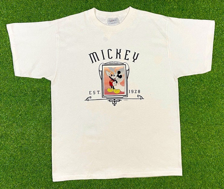 Vintage Disney Mickey Mouse Established 1928 Tee T Shirt Genius Large Made USA 1990s Walt Disney World Classic 90s Magic Oversized XL NEW