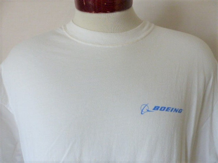 Boeing vintage 90s solid white graphic t shirt blue chest logo print unisex aerospace company airplane novelty oversized XL