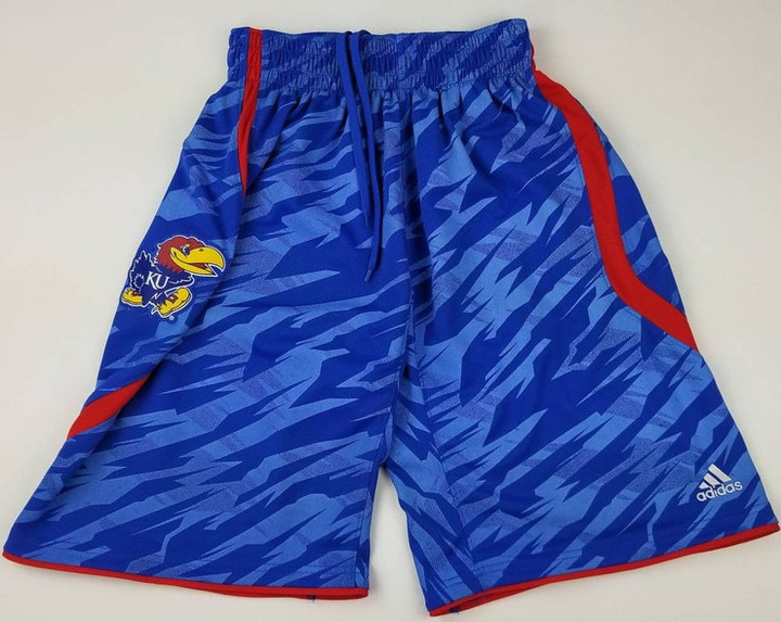 University of Kansas Jayhawks KU Custom Impact Camo Blue NCAA Sewn Stitched Adidas Basketball Shorts Size Small  nba streetwear hip hop rap
