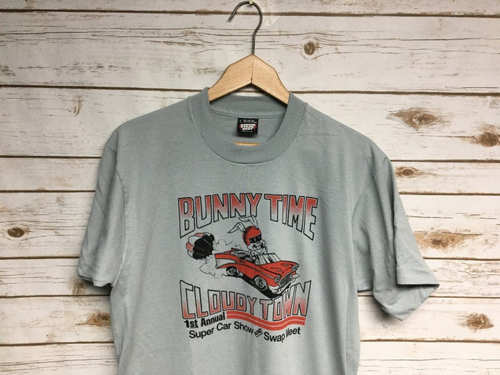 Vintage 80s 90s Car show Hot Rod t shirt grey Screen Stars t shirt Bunny Time Cloudy Town Super Single Stitch Swap Meet   Medium