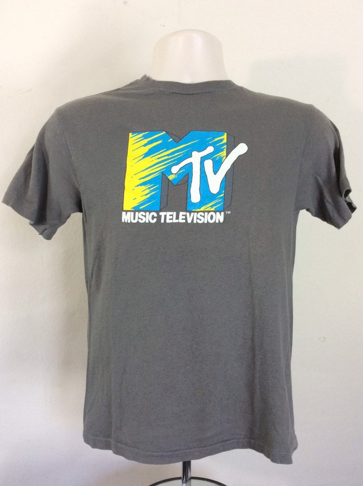 Vtg 80s MTV Music Television Logo T Shirt Gray SM Hanes Music TV