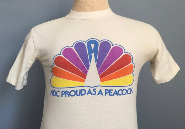 80s Vintage NBC Proud as a Peacock promo crew logo National Broadcasting Company tv television network channel T Shirt   SMALL