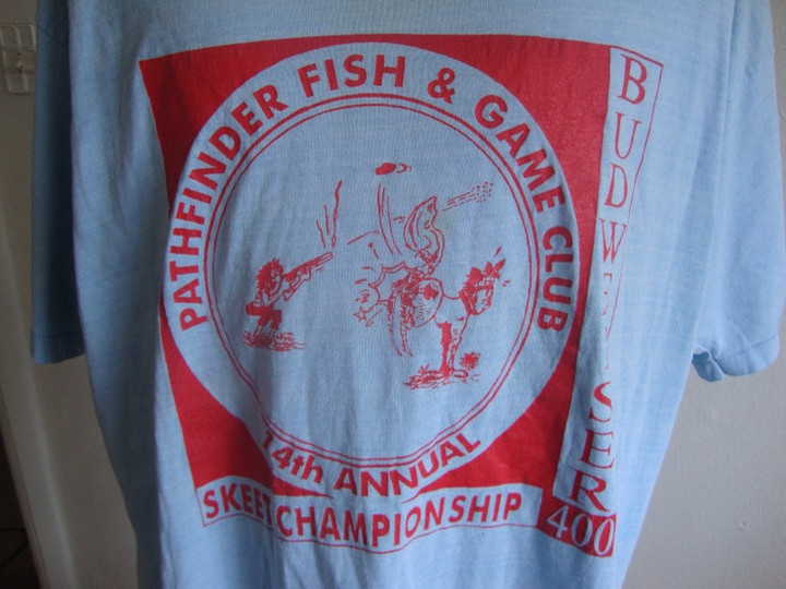 Vintage 80s 14th Annual Pathfinder Fish  Game Club Budweiser Skeet Championship 400 T Shirt Size S