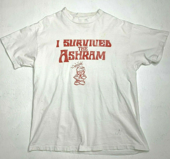 Vintage I Survived The Ashram T Shirt Mens Size L Short Sleeve Casual White Tee 90s