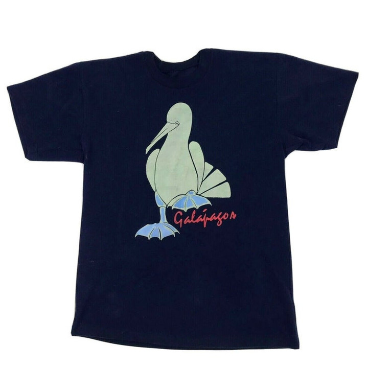 Vintage 1990s T Shirt Galapagos Island Ecuador Blue Footed Booby Navy Short Sleeve Retro Travel Souvenir Theme Novelty Endangered Animal