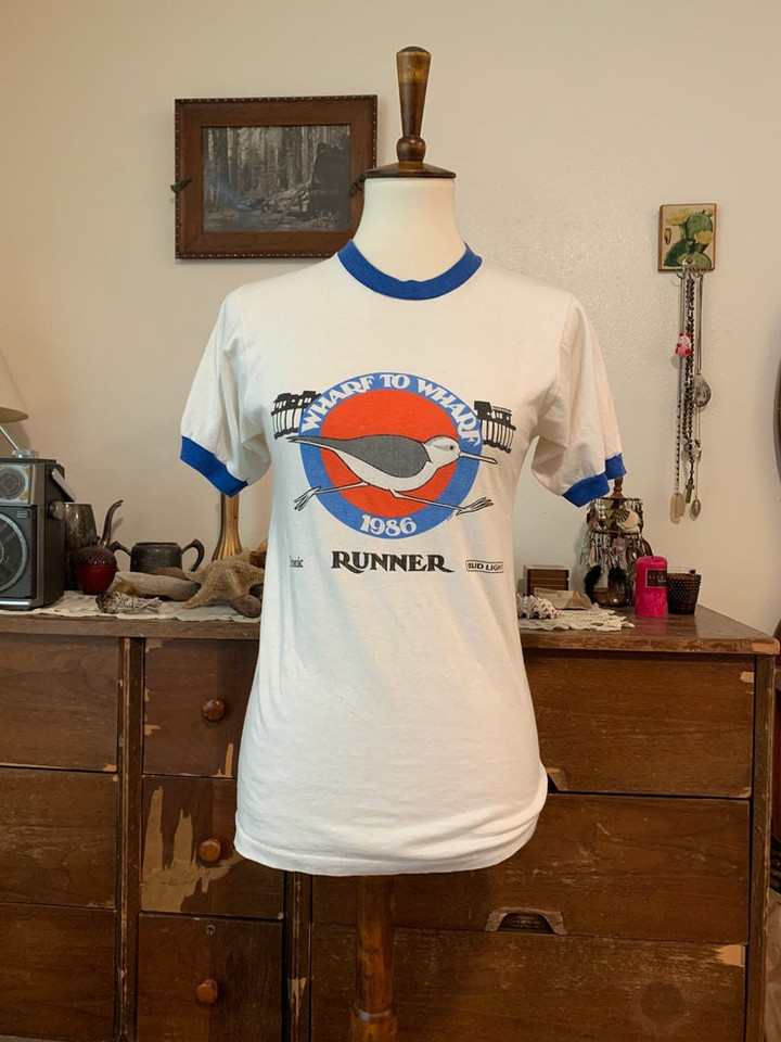 Vintage 80s Bird Wharf Run t shirt size S Small Vtg 1980s Cute Birds Ringer Tee Shirt USA Women Womens
