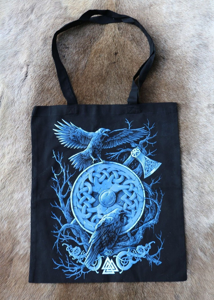 Huginn and Muninn VIKING TOTE Bag with Valknut Mythological Symbol Black Raven Ravens Vikings Norse Warrior Cloth Linen Animal Crows Odin