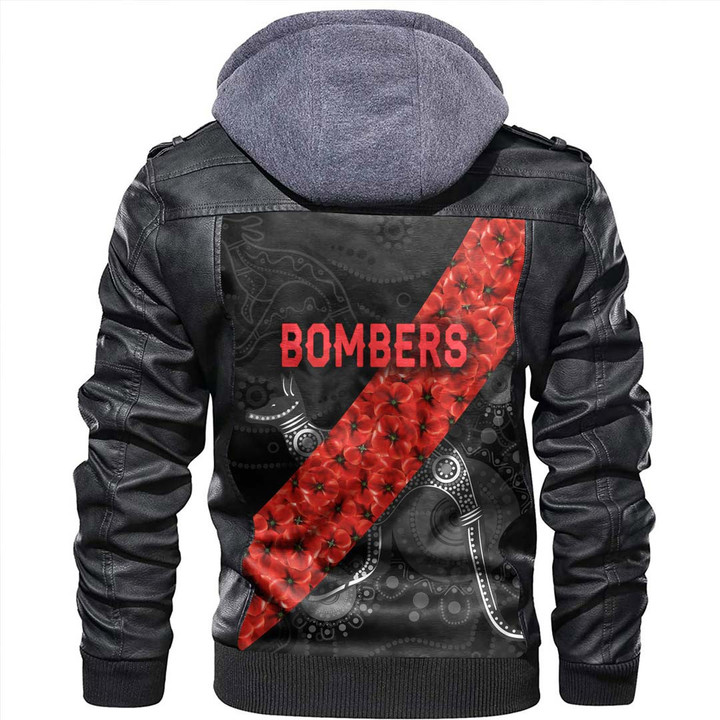 Essendon Bombers Indigenous Poppy Flower - Football Team Zipper Leather Jacket | Rugbylife.co
