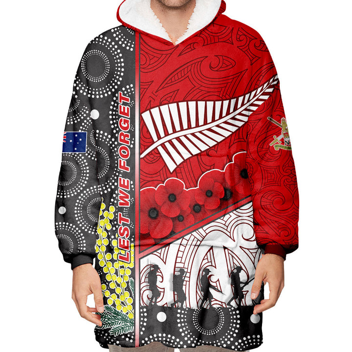 Australia Indigenous & New Zealand Maori Anzac (Red) Oodie Blanket Hoodie | Rugbylife.co
