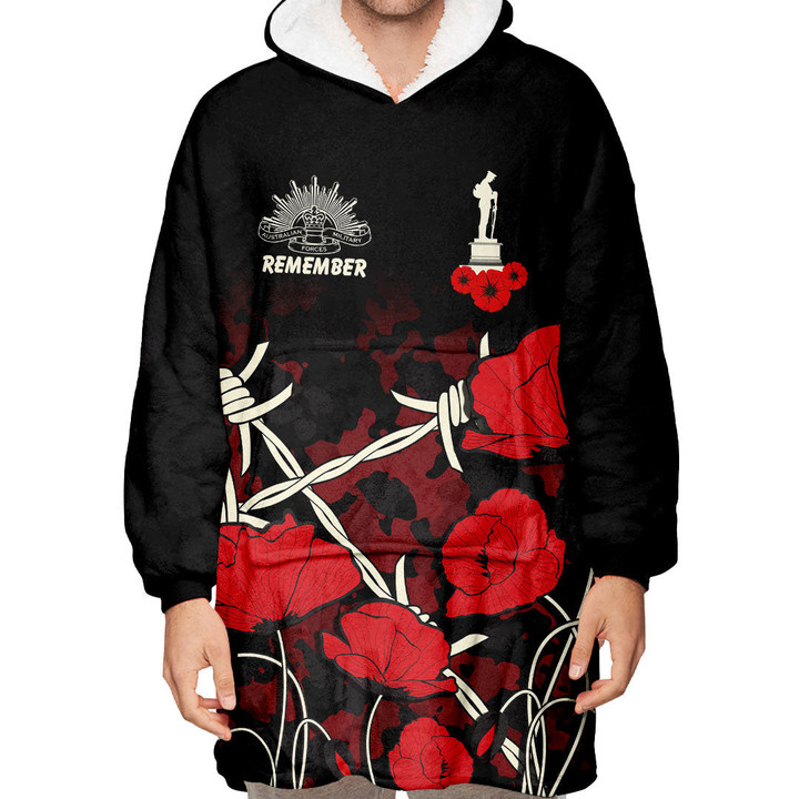 (Custom) Anzac Day Camouflage Poppy & Barbed Wire Oodie Blanket Hoodie | Rugbylife.co
