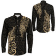 RugbyLife Clothing - Polynesian Tattoo Style Maori Silver Fern - Gold Version Long Sleeve Button Shirt A7 | RugbyLife