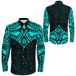 RugbyLife Clothing - Polynesian Tattoo Style Flower - Cyan Version Long Sleeve Button Shirt A7 | RugbyLife