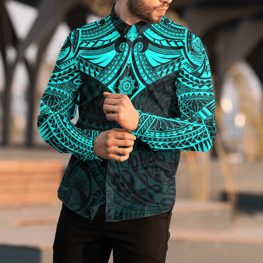 RugbyLife Clothing - Polynesian Tattoo Style Flower - Cyan Version Long Sleeve Button Shirt A7