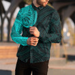 RugbyLife Clothing - Polynesian Tattoo Style - Cyan Version Long Sleeve Button Shirt A7