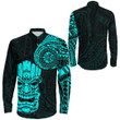 RugbyLife Clothing - Polynesian Tattoo Style Tiki - Cyan Version Long Sleeve Button Shirt A7 | RugbyLife