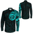 RugbyLife Clothing - Polynesian Tattoo Style Tattoo - Cyan Version Long Sleeve Button Shirt A7 | RugbyLife