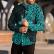 RugbyLife Clothing - (Custom) Polynesian Tattoo Style Surfing - Cyan Version Long Sleeve Button Shirt A7