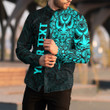 RugbyLife Clothing - (Custom) Polynesian Tattoo Style Mask Native - Cyan Version Long Sleeve Button Shirt A7