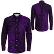RugbyLife Clothing - Polynesian Tattoo Style Maori Silver Fern - Purple Version Long Sleeve Button Shirt A7 | RugbyLife