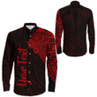 RugbyLife Clothing - (Custom) Polynesian Tattoo Style Melanesian Style Aboriginal Tattoo - Red Version Long Sleeve Button Shirt A7 | RugbyLife