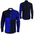 RugbyLife Clothing - Polynesian Tattoo Style Tiki - Blue Version Long Sleeve Button Shirt A7 | RugbyLife