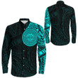 RugbyLife Clothing - Polynesian Sun Mask Tattoo Style - Cyan Version Long Sleeve Button Shirt A7 | RugbyLife