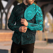 RugbyLife Clothing - Polynesian Sun Mask Tattoo Style - Cyan Version Long Sleeve Button Shirt A7