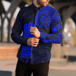 RugbyLife Clothing - Polynesian Tattoo Style Tiki - Blue Version Long Sleeve Button Shirt A7