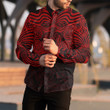 RugbyLife Clothing - Polynesian Tattoo Style Maori Traditional Mask - Red Version Long Sleeve Button Shirt A7