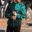 RugbyLife Clothing - Polynesian Tattoo Style - Cyan Version Long Sleeve Button Shirt A7