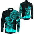 RugbyLife Clothing - Polynesian Tattoo Style Tiki Surfing - Cyan Version Long Sleeve Button Shirt A7 | RugbyLife