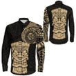 RugbyLife Clothing - Polynesian Tattoo Style Tiki - Gold Version Long Sleeve Button Shirt A7 | RugbyLife