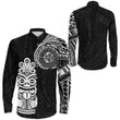 RugbyLife Clothing - Polynesian Tattoo Style Tiki Long Sleeve Button Shirt A7 | RugbyLife