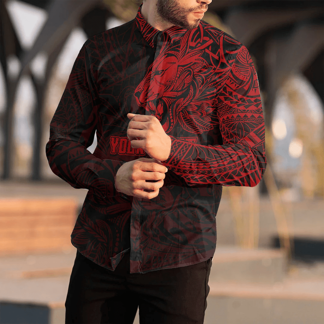 RugbyLife Clothing - Polynesian Tattoo Style Tribal Lion - Red Version Long Sleeve Button Shirt A7