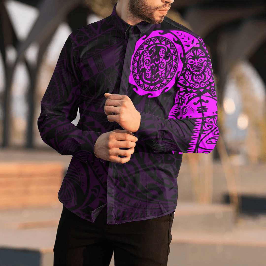RugbyLife Clothing - Polynesian Tattoo Style Tatau - Pink Version Long Sleeve Button Shirt A7