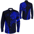 RugbyLife Clothing - Polynesian Tattoo Style Wolf - Blue Version Long Sleeve Button Shirt A7 | RugbyLife