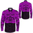 RugbyLife Clothing - Polynesian Tattoo Style Maori Traditional Mask - Pink Version Long Sleeve Button Shirt A7 | RugbyLife