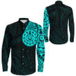 RugbyLife Clothing - Polynesian Tattoo Style Turtle - Cyan Version Long Sleeve Button Shirt A7 | RugbyLife