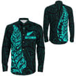 RugbyLife Clothing - New Zealand Aotearoa Maori Silver Fern - Cyan Version Long Sleeve Button Shirt A7 | RugbyLife