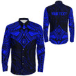 RugbyLife Clothing - (Custom) Polynesian Tattoo Style Flower - Blue Version Long Sleeve Button Shirt A7 | RugbyLife
