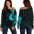 RugbyLife Clothing - Polynesian Tattoo Style Hook - Cyan Version Off Shoulder Sweater A7 | RugbyLife