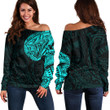 RugbyLife Clothing - Polynesian Tattoo Style Snake - Cyan Version Off Shoulder Sweater A7 | RugbyLife