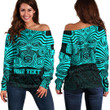 RugbyLife Clothing - (Custom) Polynesian Tattoo Style Maori Traditional Mask - Cyan Version Off Shoulder Sweater A7 | RugbyLife