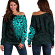RugbyLife Clothing - Polynesian Tattoo Style Mask Native - Cyan Version Off Shoulder Sweater A7 | RugbyLife