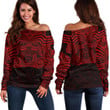 RugbyLife Clothing - Polynesian Tattoo Style Maori Traditional Mask - Red Version Off Shoulder Sweater A7 | RugbyLife