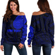 RugbyLife Clothing - (Custom) Polynesian Sun Mask Tattoo Style - Blue Version Off Shoulder Sweater A7 | RugbyLife