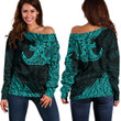 RugbyLife Clothing - Polynesian Tattoo Style Surfing - Cyan Version Off Shoulder Sweater A7 | RugbyLife