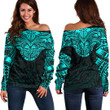 RugbyLife Clothing - Polynesian Tattoo Style Tattoo - Cyan Version Off Shoulder Sweater A7 | RugbyLife