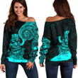 RugbyLife Clothing - Polynesian Tattoo Style Tiki Surfing - Cyan Version Off Shoulder Sweater A7 | RugbyLife